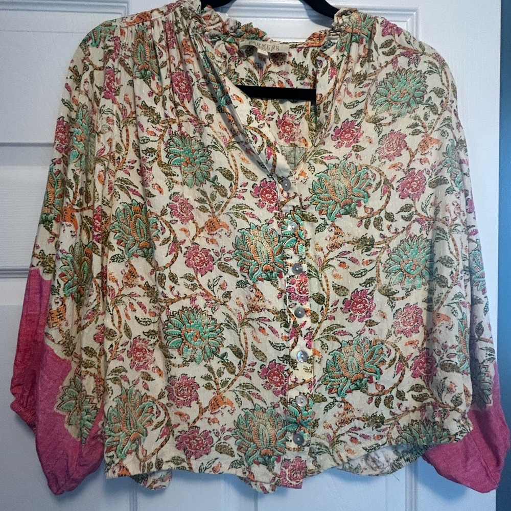 Farmers Market Floral Blouse with Pink Sleeves